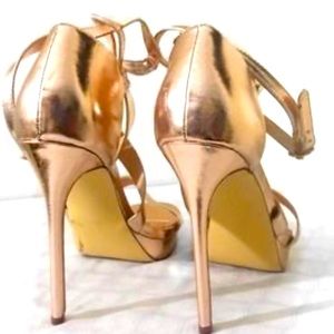 Lulu’s Metallic Rose Gold Strappy High heel Sandal size 9